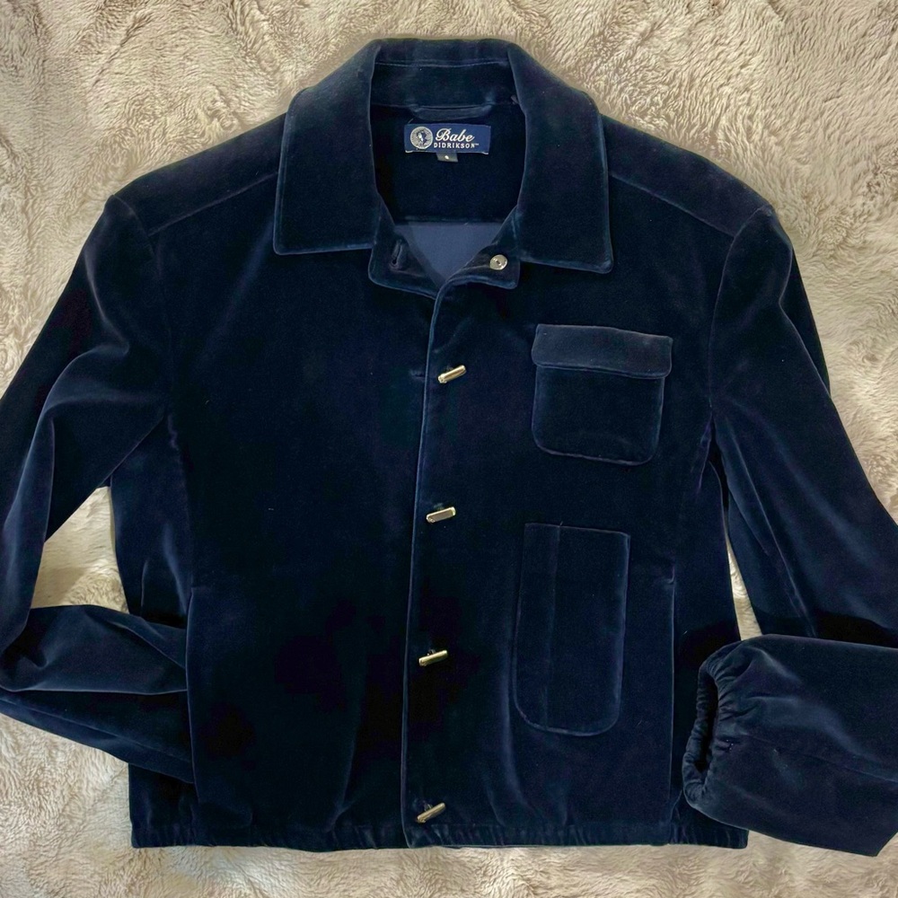 Velvet Cropped Blazer in Deep Blue with silver buttons and pockets